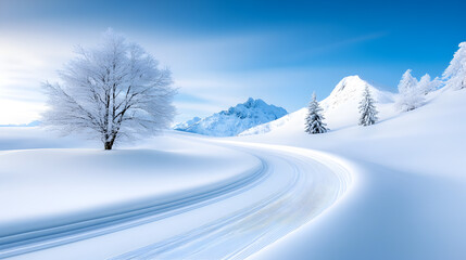 Ski Trail. Groomed Cross-Country Ski Trail on Snowy Mountain Road in Winter