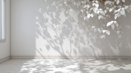 Light and shadow of leaves on a white wall in a room.
