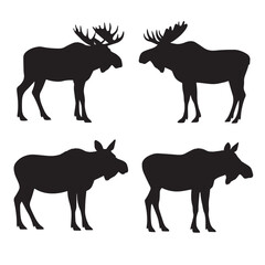 Vector silhouette set of moose on white background 