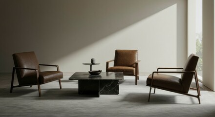 Fototapeta premium Minimalist living room with leather armchairs and marble coffee table