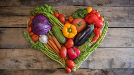 Fresh vegetables arranged in a heart shape on a wooden table, celebrating natural love and wholesome living
