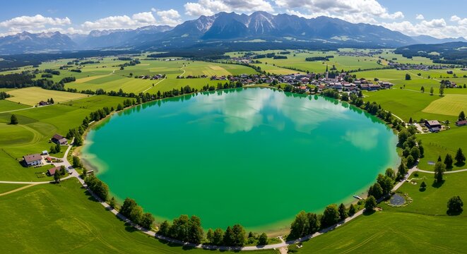 Aerial View of Lake and Green Landscape with Mountain Backdrop - Powered by Adobe