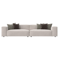 beige sofa with pillows front view isolated.