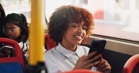 Phone, happy and woman on bus online for checking university exam results on mobile app with travel. Cellphone, college and female student reading acceptance email on public transportation in city.