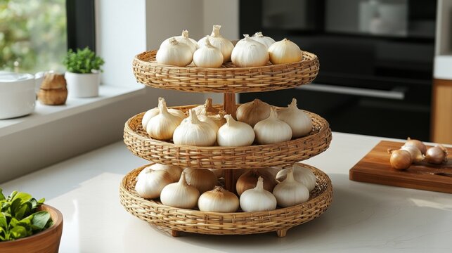 Natural maize husk multi-tiered basket, perfect for kitchen decor and storing garlic and onions, with rustic charm and functional design 