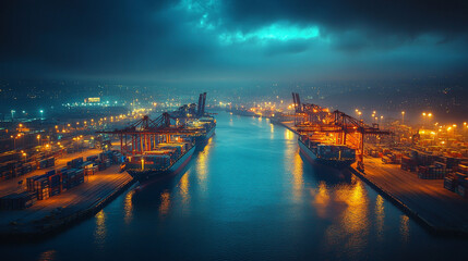 Fototapeta premium Aerial view of cargo ships docked at a port at night under stormy skies.