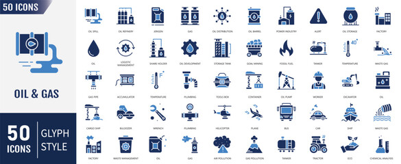 Oil and Gas icon set. Containing fuel, refinery, petroleum, oil well, gas pump, offshore platform, lubricant, oil barrel and more. Vector illustration