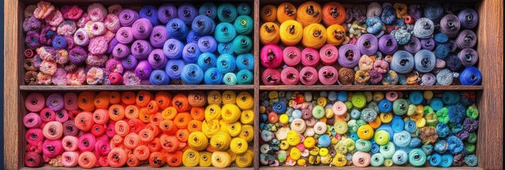 Colorful Yarn Balls Organized Wooden Shelf Rainbow Threads art wool silk craft image photo stock