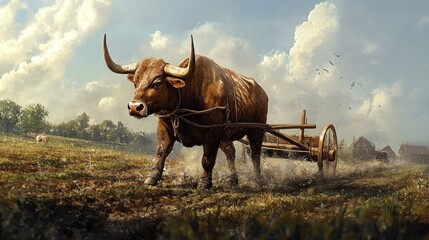 Ox plowing field