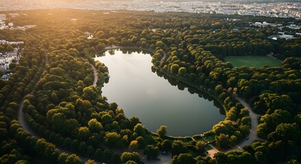 Fototapeta premium Aerial View of Lake Surrounded by Forest and City at Sunset