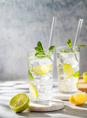 Two glasses mojito cocktail with fresh lime, mint and ice on light background with shadow.