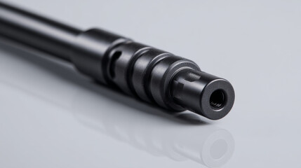 Close-up of a black metal component showcasing precision engineering and craftsmanship.