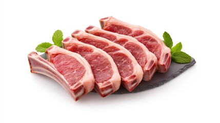 Fototapeta premium Fresh Rack of Lamb Chops Arranged Beautifully on a Slate Serving Board with Mint Leaves for Culinary Presentation and Food Photography