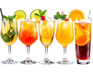 Refreshing summer cocktails, ice, fruit slices, mint