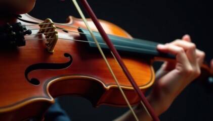Close-up of a violin being played, focus on the strings and bow , detail, maple