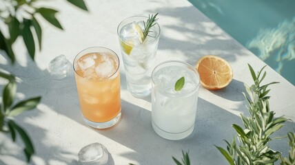 Refreshing Summer Drinks with Ice, Citrus, and Herbs by the Poolside on a Sunny Day summer poolside