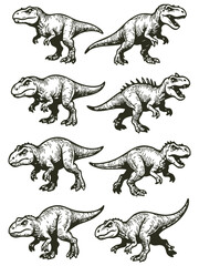 Dinosaurs t-rex, Abelisaurus vector set illustration in different poses