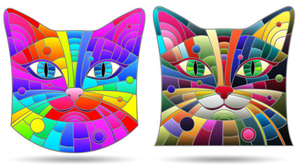 Fototapeta premium A set of stained glass illustrations with portraits of cats, animals isolated on a white background