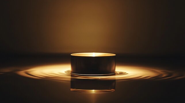 Single candle glowing in darkness with golden reflections in tranquil meditative spiritual calm scene