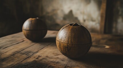 Fototapeta premium Rustic wooden table with carved coconut shells in warm light traditional tropical natural decor scene