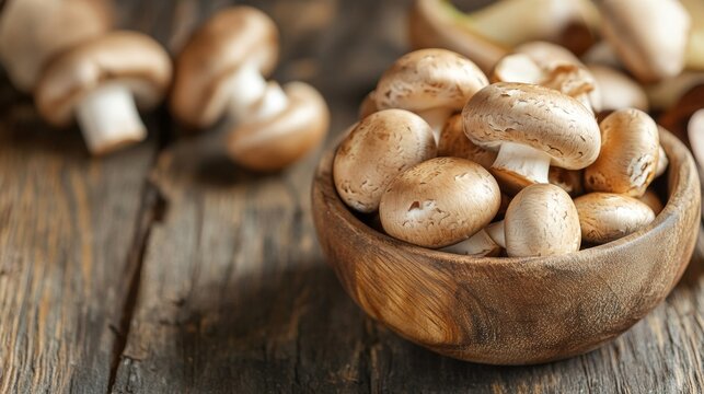Fresh mushrooms in wooden bowl on rustic surface with soft daylight kitchen food styling scene