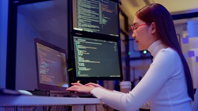 young woman programmer working and developing on coding algorithms at multiple computer screens,Digital transformation future workforce web DEV career development.