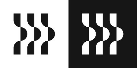 Minimal geometric logo with three vertical lines and wave curves. Abstract tech symbol for digital platforms and flow systems.