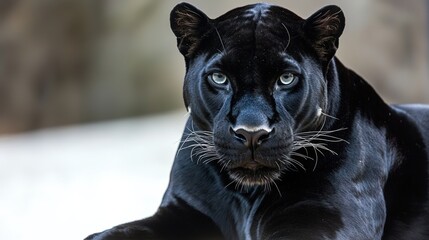 A sleek black panther lounging elegantly amidst endless whiteness, powerful presence maintained despite simplicity