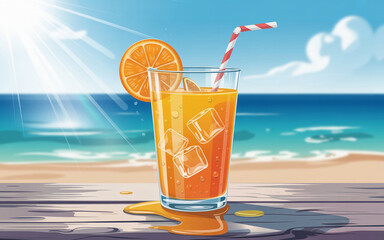 summer drink, A glass of freshly squeezed orange juice sits on a serene ocean view in the background glass.