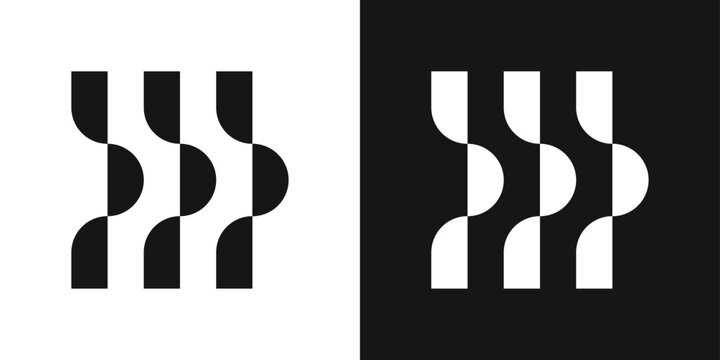 Minimal geometric logo with three vertical lines and wave curves. Abstract tech symbol for digital platforms and flow systems.