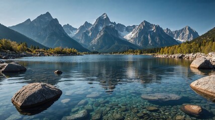 Crystal-clear alpine lake reflects majestic snow-capped peaks and pine forests under a serene blue sky an untouched paradise perfect for nature lovers and scenic landscapes