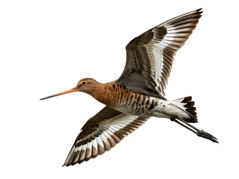 A beautiful black-tailed godwit bird in flight against an isolated on white background