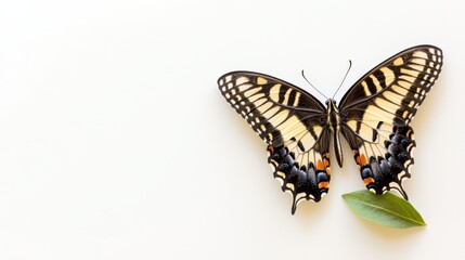 Naklejka premium A delicate butterfly resting motionless on a leaf positioned centrally over a blank white expanse