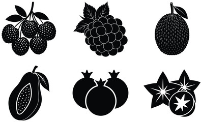 Fruit Silhouette Vector Set– Minimal Black Fruit Collection Illustration for Healthy Food, Kitchen Decor, Organic Product, and Nutrition Design Projects
