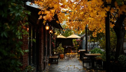 Fototapeta premium Autumn patio scene, rain-soaked