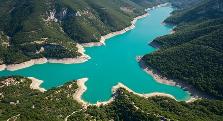 Fototapeta premium Aerial View of Turquoise Lake Surrounded by Green Forest Hills