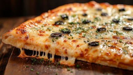Melted cheese stretches from a slice of pizza adorned with black olives and herbs, highlighting a delicious meal enjoyed at a warm restaurant during the evening.