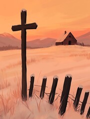 Winter Sunset Landscape Wooden Cross Rural Cabin Snow Field sky art farm calm pink cold view quiet