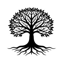 a detailed oak tree with exposed roots silhouette