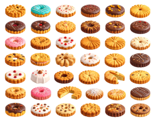 A vibrant array of assorted round cookies, each with unique toppings and textures, displayed in a grid pattern