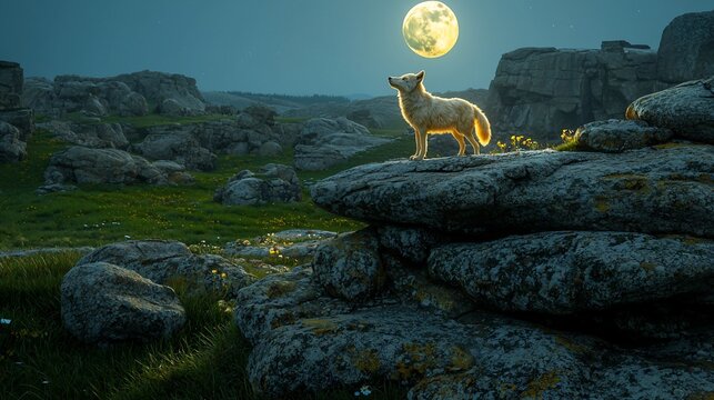 Lunar Serenade: A solitary canid perched on rocky heights under moon's gentle glow