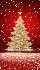 Sparkling Golden Christmas Tree on Red Glitter Background with Falling Snow, Festive Holiday Scene