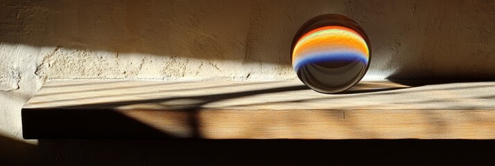 Rainbow Glass Sphere on Wooden Shelf Sunlight Abstract Minimalist Photography Still Life art blue