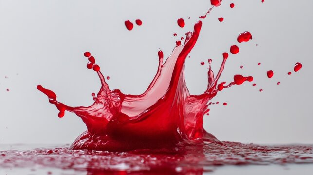 Red juice splash frozen in mid air with droplets on white for motion energy beverage explosion scene