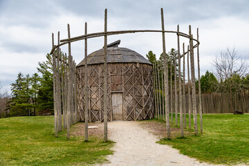 A long house in a reconstructed 15th century Iroquoian village. Milton, Crawford Lake, Ontario,...