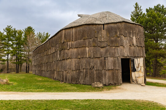 A long house in a reconstructed 15th century Iroquoian village. Milton, Crawford Lake, Ontario, Canada.