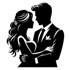 Elegant black silhouette of bride and groom embracing