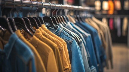 Clothing store rack with colorful casual shirts in focus for retail fashion shopping boutique urban apparel scene