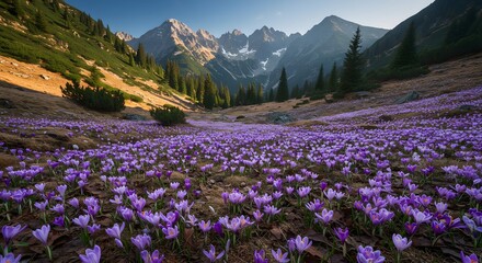 Blooming Crocuses in Mountain Valley with Snowy Peaks and Evergreen Trees