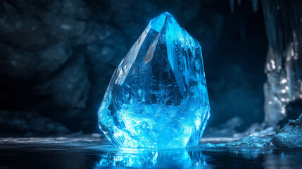 Giant ice crystal shines in an expansive cave illuminated by ethereal blue light during the peak of winter